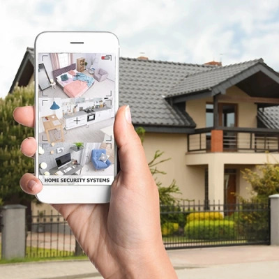 Wausau vivint phone display of cctv live feed in front of a house